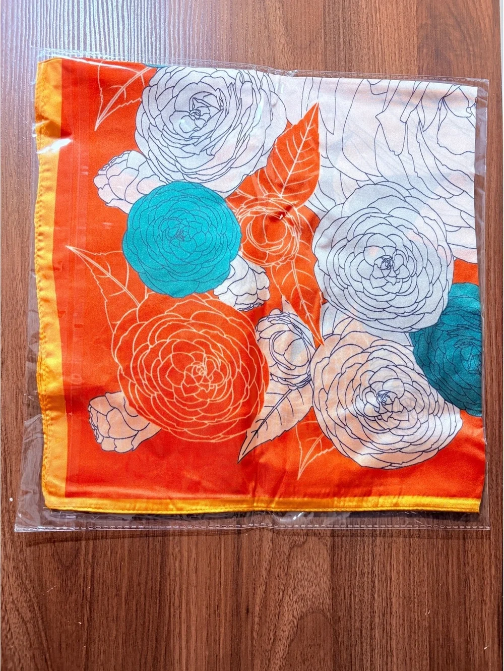 Orange Floral Scarf with Green and White Rose Pattern